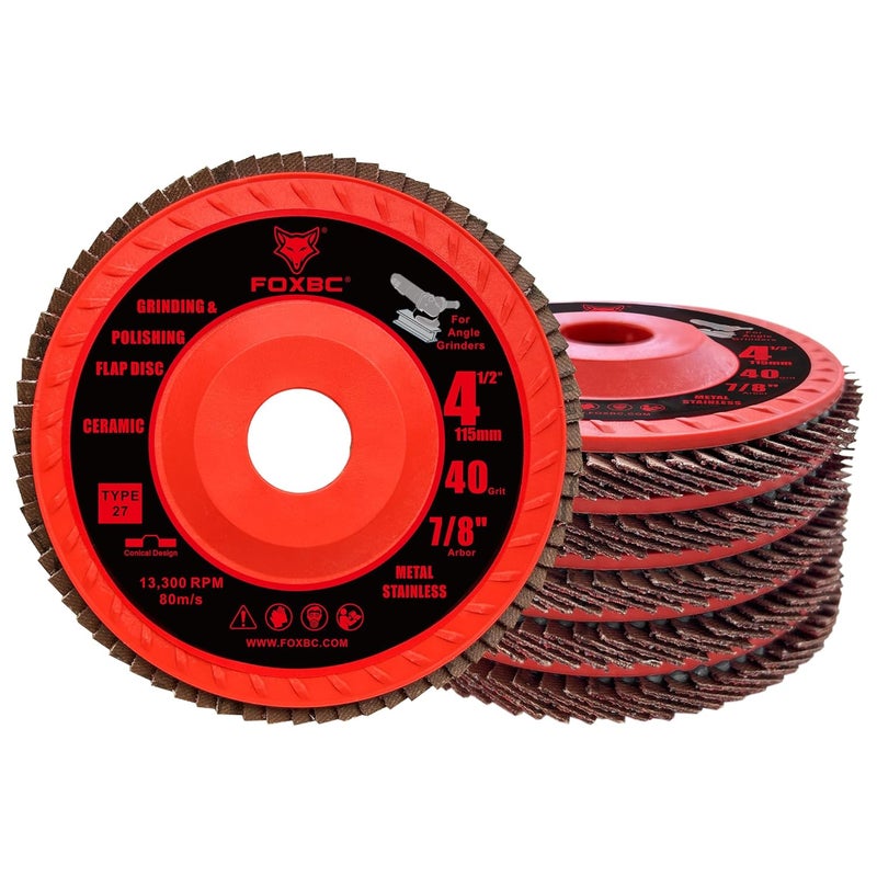 FOXBC 4-1/2 inch Ceramic Flap Disc 40 Grit for Angle Grinder with Speed HUB, Type 27, Grinding and Polishing for Metal, 5 Pack - Image 4